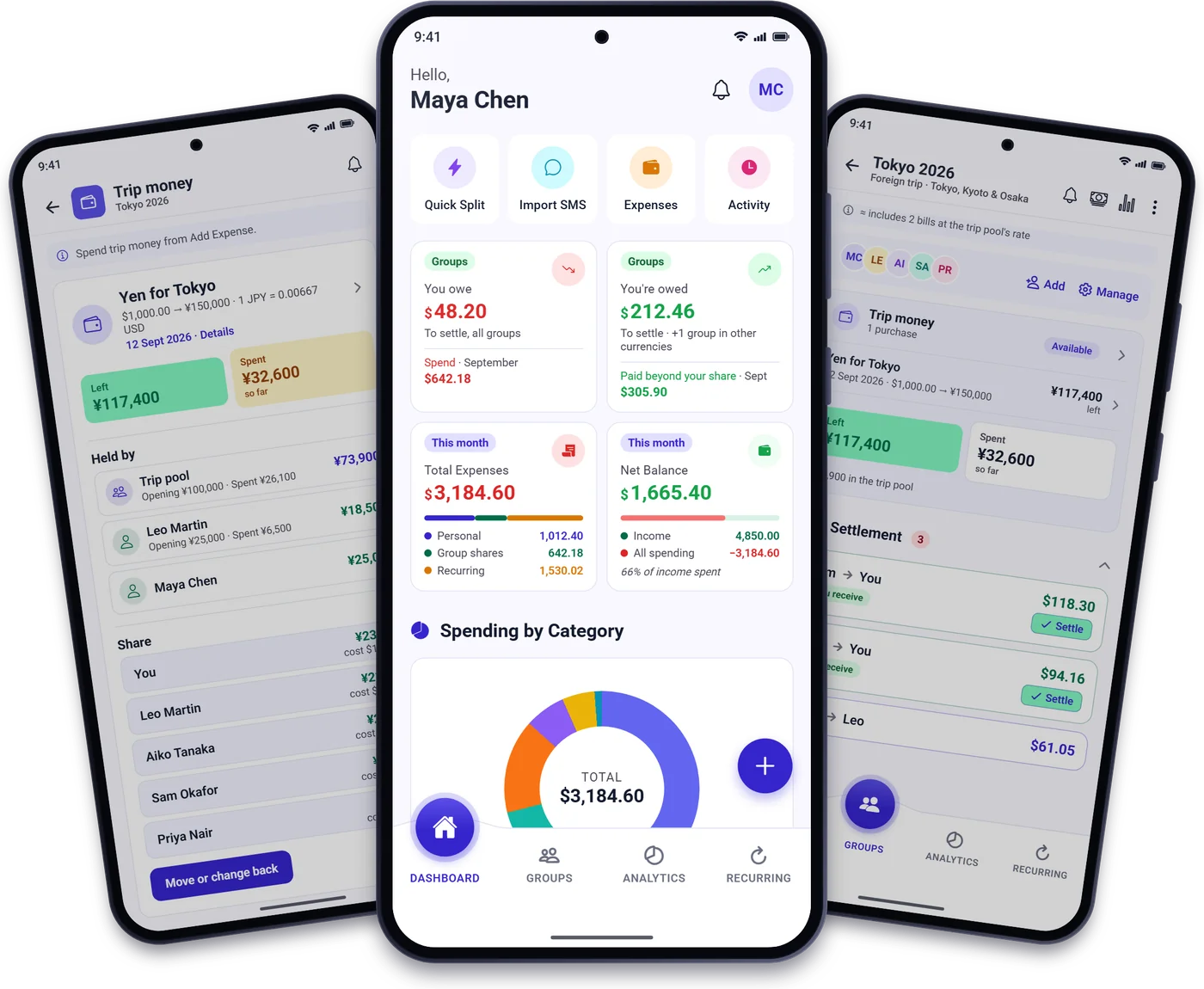 SplitExpenZ on three phones: trip money for a Tokyo trip, the dashboard with balances and this month’s spending, and the trip’s settle-up list